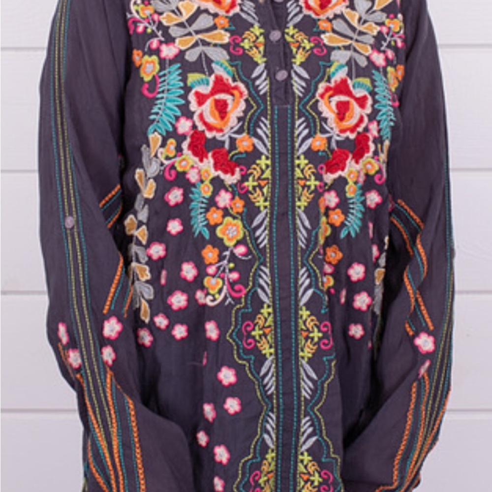 Johnny Was Black and Red Embroidered Floral Top